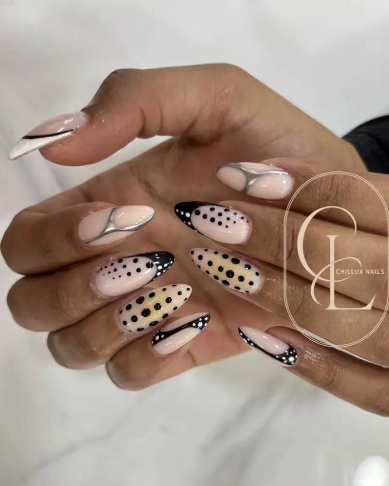 Nude almond nails with polka dots and chrome lines at Chillux Nails, Orpington