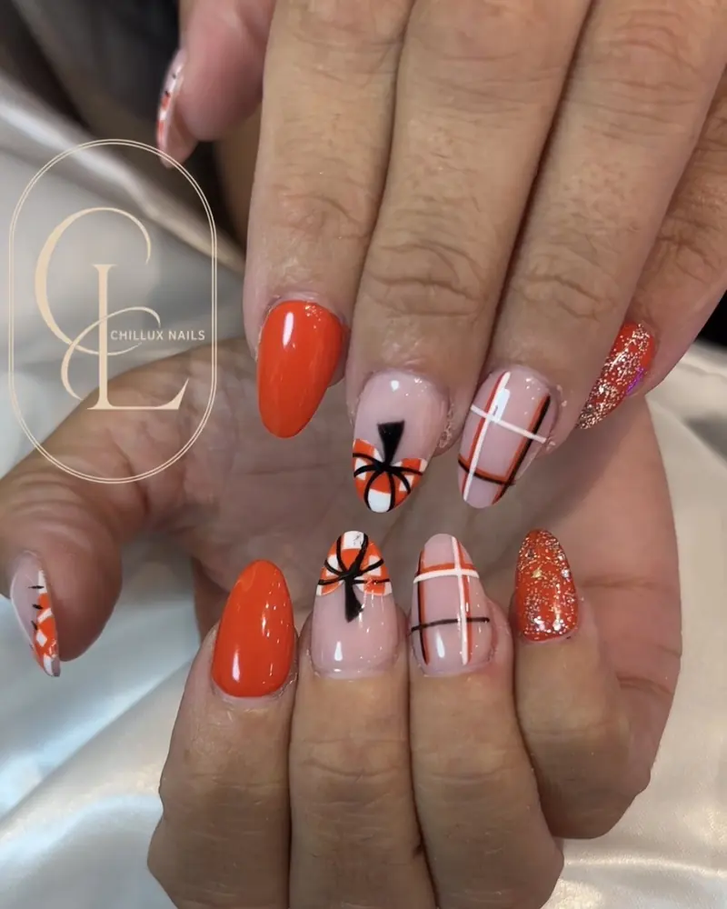 Orange autumn plaid nail art at Chillux Nails, Orpington