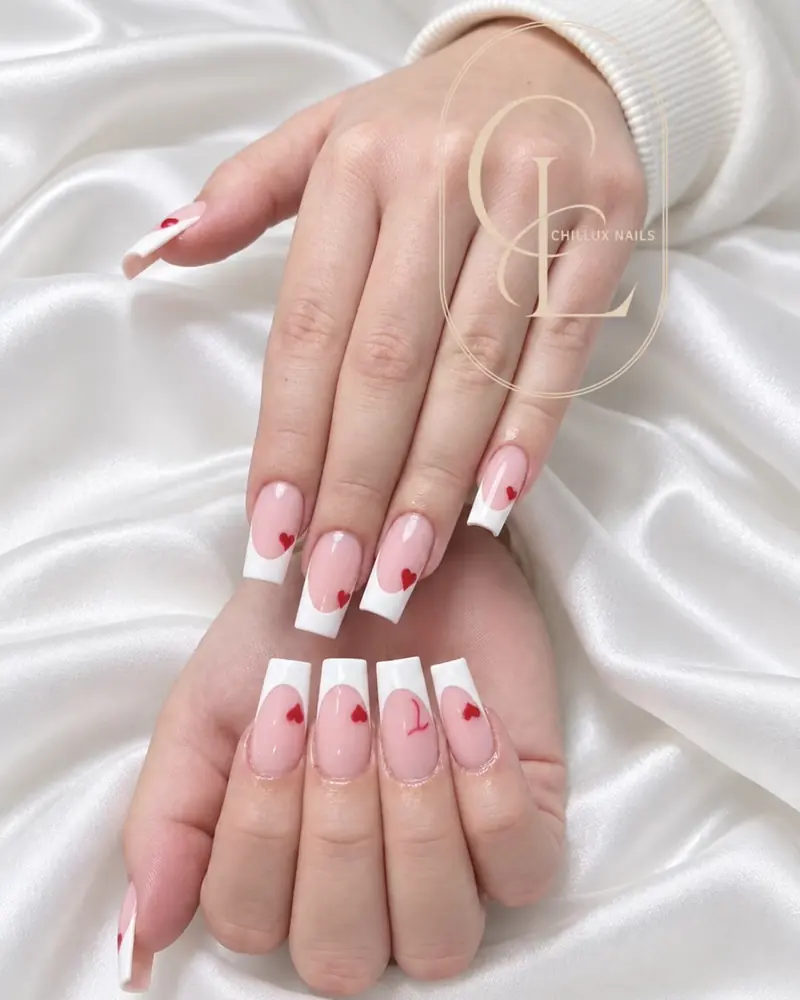 White French square nails with red hearts at Chillux Nails, Orpington